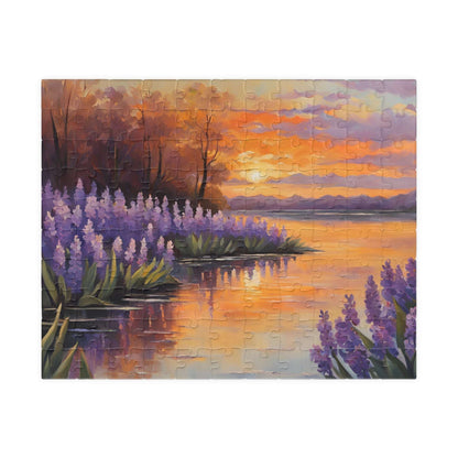 Jigsaw Puzzle, Peaceful Lakeside with Hyacinths Blooming, Sunset Reflection, 110 252 520 1014-piece, Relaxing Activity, Mindfulness Gift 110 pcs (Horizontal) Puzzle The Puzzle Chest