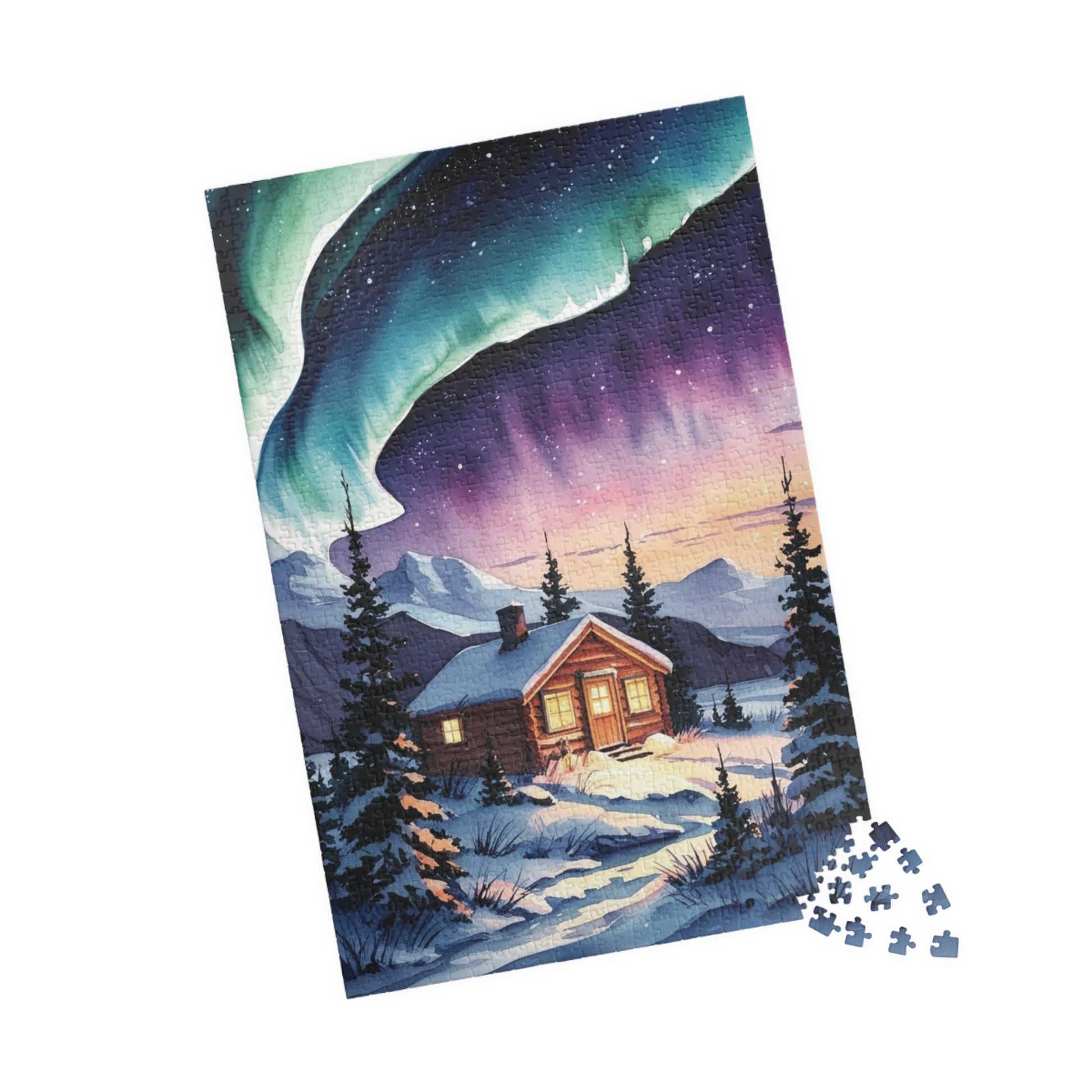 Northern Lights Landscape Puzzle, Aurora Borealis Snowy Cabin Watercolor Jigsaw Game, Hobby, Puzzle Lover Gift, Frameable Art, Relaxation Puzzle The Puzzle Chest