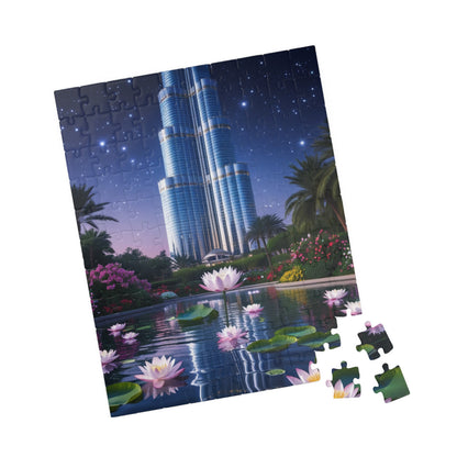 Burj Khalifa Reflections Jigsaw Puzzle, Dubai Skyline Lotus Water Lily Night Garden Landscape, Best Gift for Traveler Art Lover, Hobbyist Puzzle The Puzzle Chest