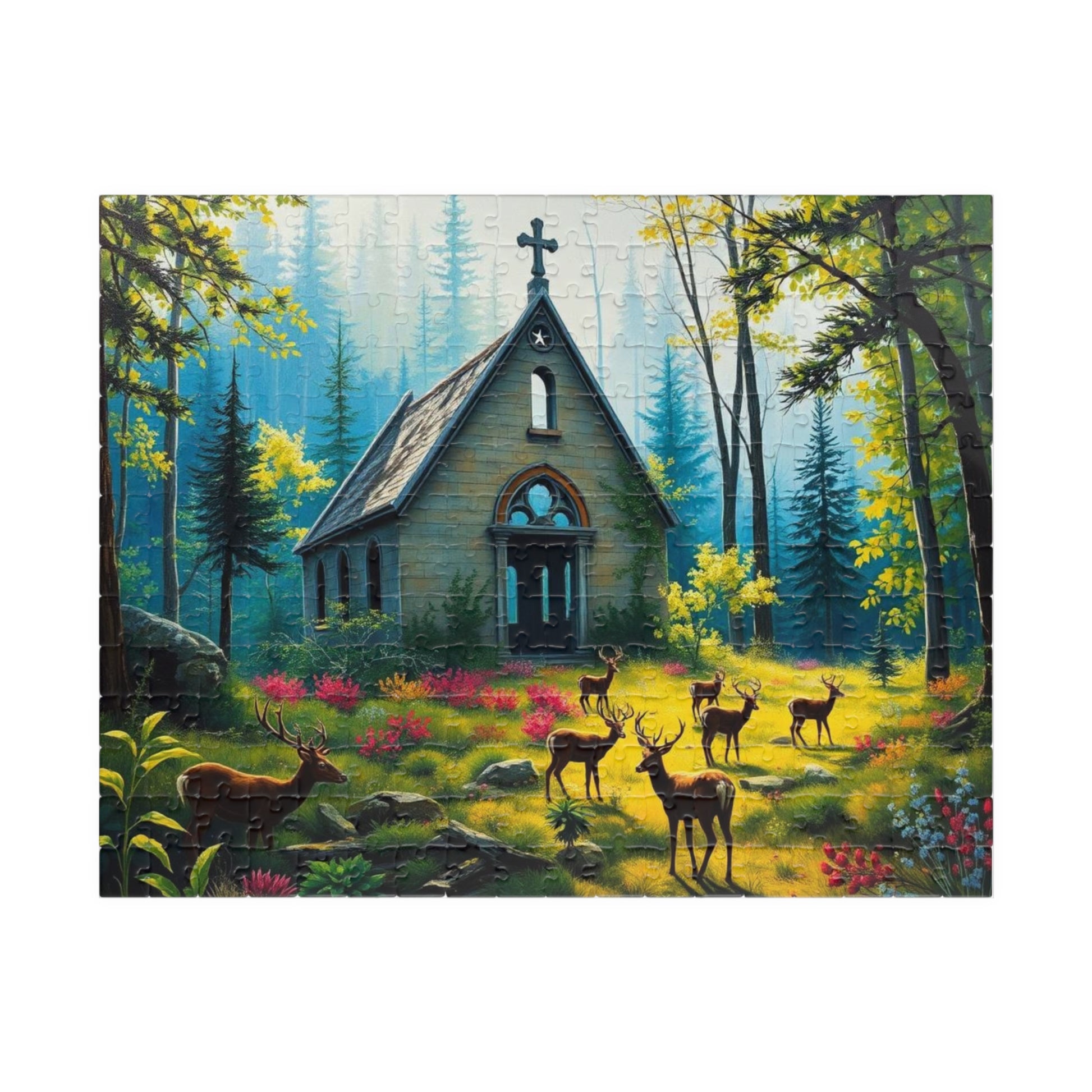Sancturary Reclaimed Jigsaw Puzzle - Collapsed Chapel in Forest, Deer Puzzle, Gothic Puzzle, Serene Nature Puzzle, Wildlife Art Print 252 pcs (Horizontal) Puzzle The Puzzle Chest