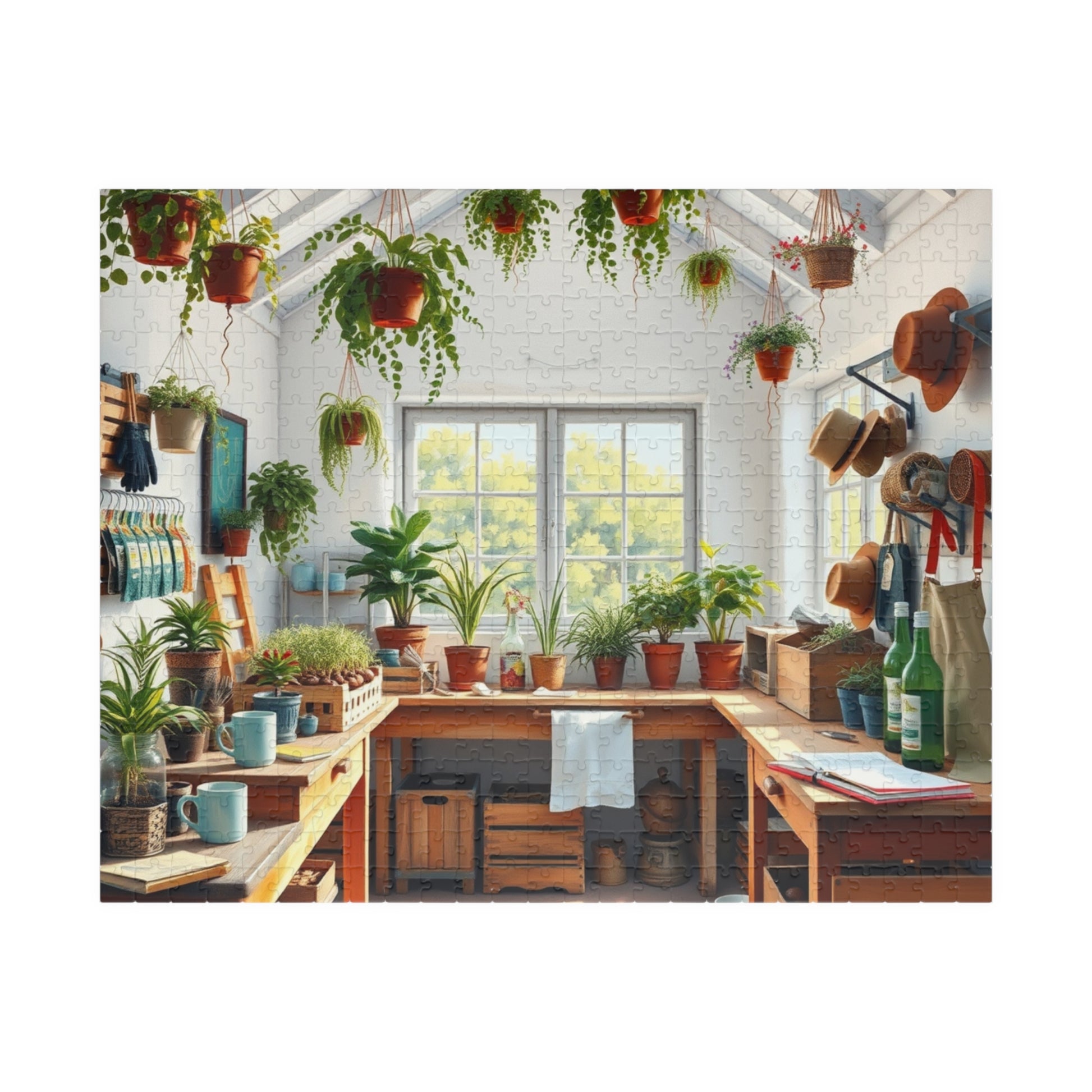 Bright Airy Garden Workshop Puzzle Featuring Wooden Crates, Hanging Plants and Whitewashed Walls, Gardening Lovers Jigsaw Game, Mindful Gift 520 pcs (Horizontal) Puzzle The Puzzle Chest