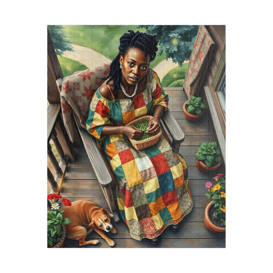 The Homemaker Jigsaw Puzzle – Black Woman Shelling Peas with Dog, Afrocentric Art, African American Artwork Puzzle The Puzzle Chest