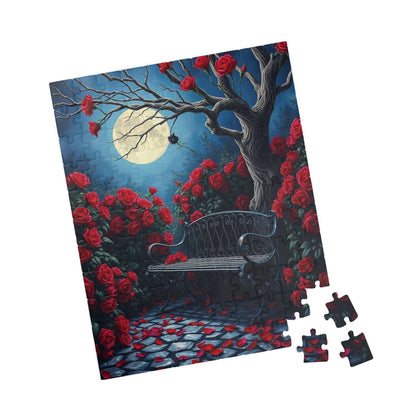 Moonlit Gothic Garden Puzzle, Dark Romantic Fantasy Jigsaw Game, Cobblestone Path Iron Bench and Roses, Relaxing Challenge for Puzzle Lover Puzzle The Puzzle Chest