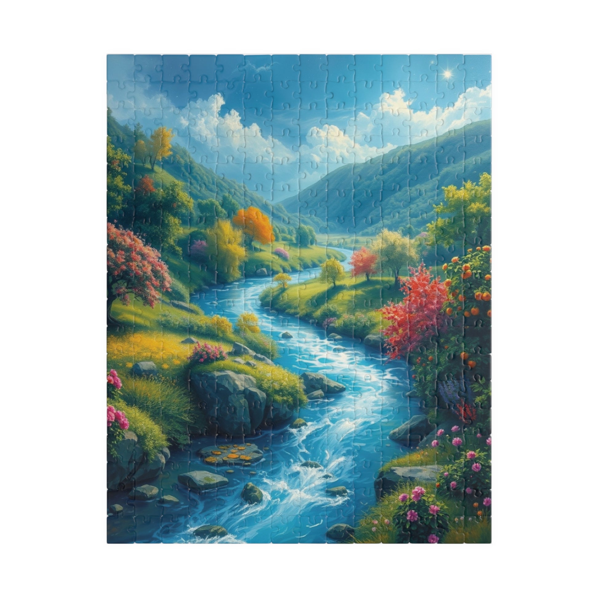 Mystical River Valley Jigsaw Puzzle, Fantasy Landscape with Vibrant Trees and Flowers, Ethereal Scene of Nature's Beauty and Tranquility 252 pcs (Vertical) Puzzle The Puzzle Chest