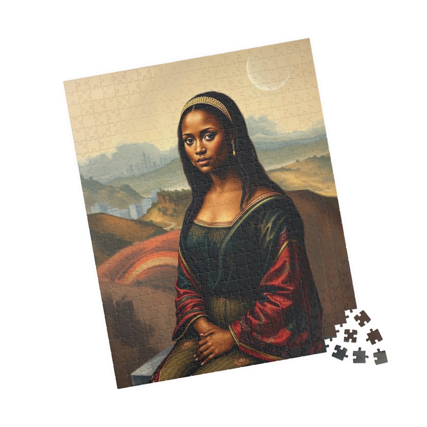 African American Woman Mona Lisa-Inspired Puzzle, Rolling Hills and Cityscape Background Jigsaw Game, Mindful Activity, Puzzle Lover Gift