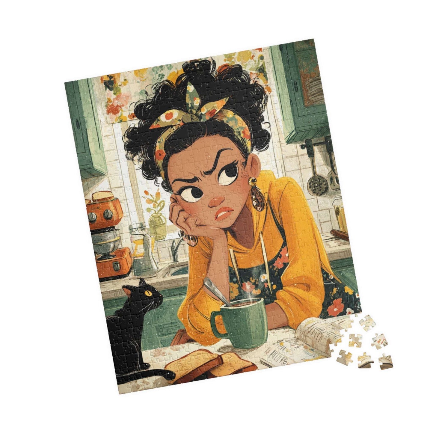 Funny Kitchen Cartoon Puzzle - Watercolor Scene of Girl Making Coffee, Character Game for Adults 520 pcs (Vertical) Puzzle The Puzzle Chest