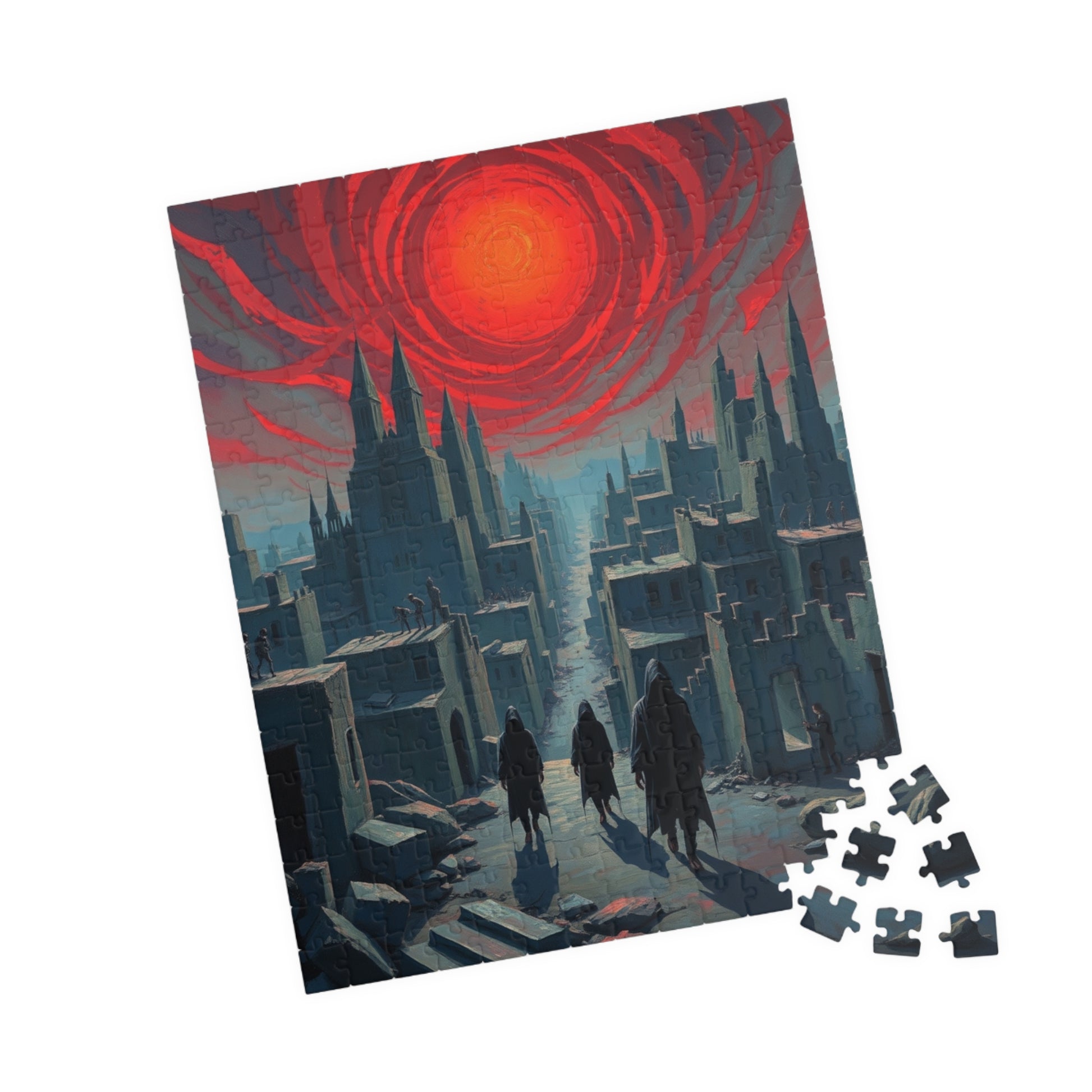 Gothic Puzzle - Desolate City Blood-Red Sky, 110-1014 Piece Jigsaw Game, Skeleton Figures, Hooded Wanderers, Spooky Dark Art, Giftable Puzzle The Puzzle Chest