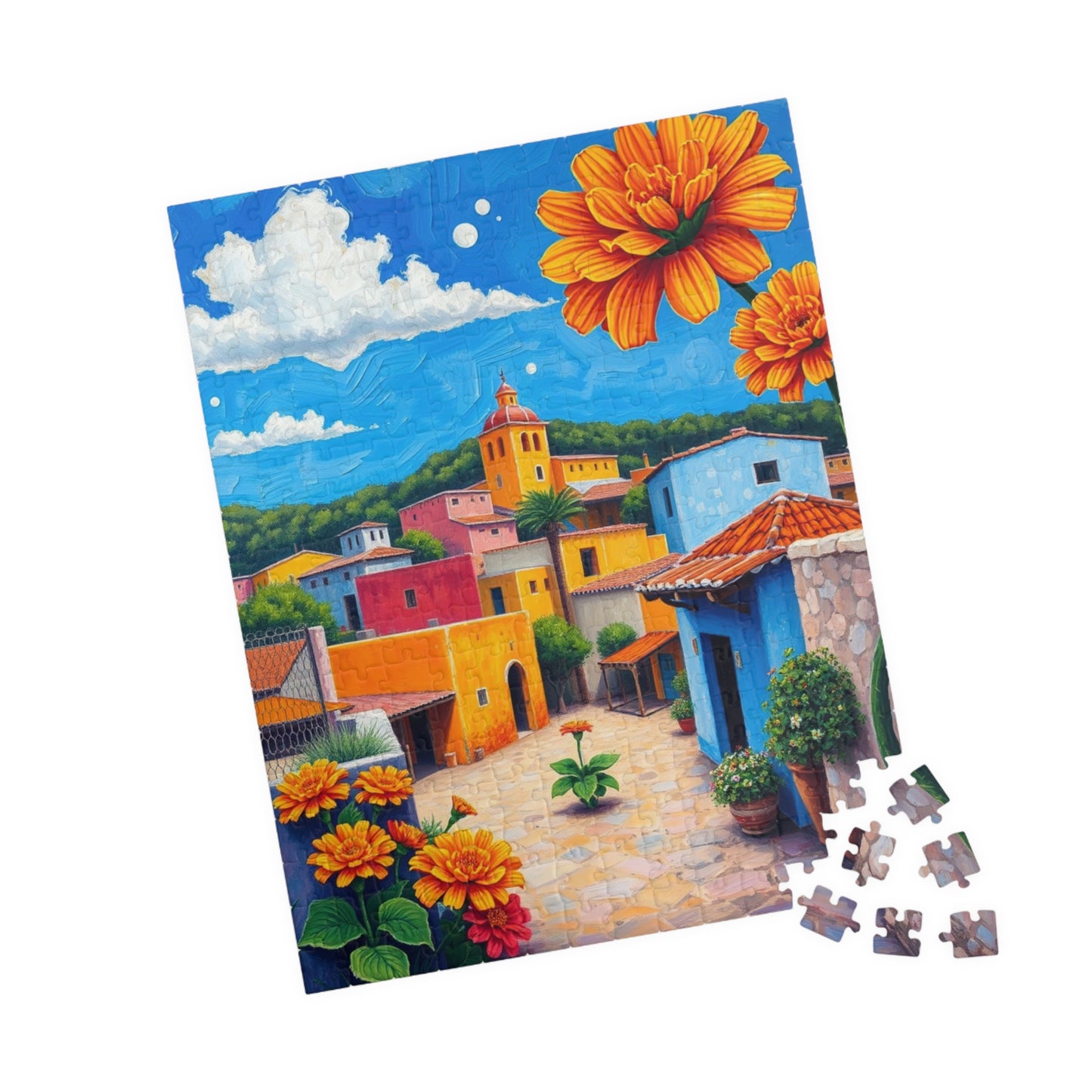 Mexican Village Jigsaw Puzzle, 110 252 520 1014 Pieces, Colorful Houses Milagros Marigolds Blue Sky, Gift for Puzzle Enthusiasts, Mindful Puzzle The Puzzle Chest