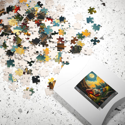 Slumbering Gnome Under the Moonlight Puzzle, Sleepy Gnome Night Scene Animals and Starry Sky, Fantasy Jigsaw Game, Mindful Puzzle Lover Gift Puzzle The Puzzle Chest