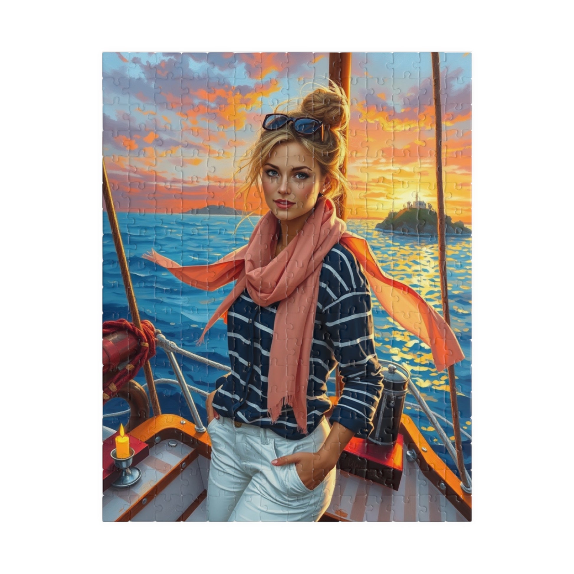 Jigsaw Puzzle, Woman on Sailboat Bow, 110 252 520 1014 Piece, Navy Striped Shirt, White Pants, Blonde Hair, Messy Bun, Fair-skinned Lady, 252 pcs (Vertical) Puzzle The Puzzle Chest