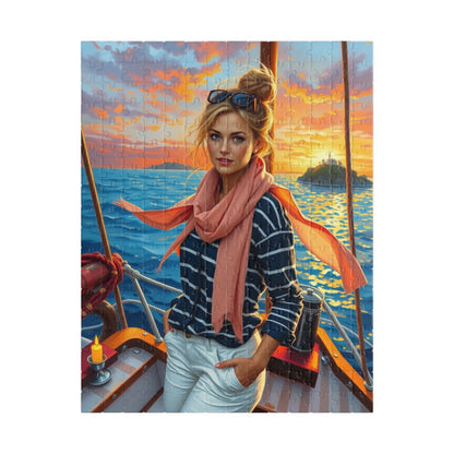 Jigsaw Puzzle, Woman on Sailboat Bow, 110 252 520 1014 Piece, Navy Striped Shirt, White Pants, Blonde Hair, Messy Bun, Fair-skinned Lady, 252 pcs (Vertical) Puzzle The Puzzle Chest