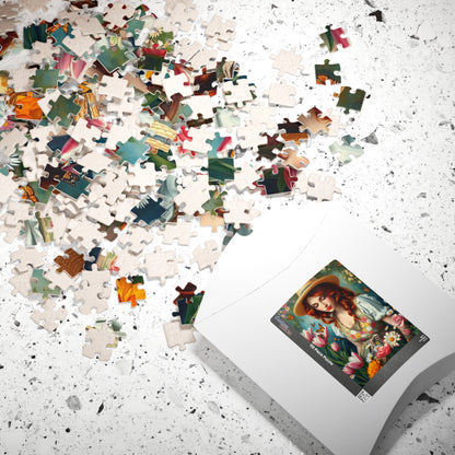 Jigsaw Puzzle, Woman Gardening Among Tulips, Daisies, Roses - 110, 252, 520, 1014-piece, Floral Apron, Straw Hat, Red Hair, Relaxing Puzzle The Puzzle Chest