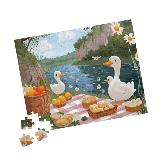 Duck Picnic Jigsaw Puzzle | Scenic Riverbank Farm Animal Illustration 110 pcs (Horizontal) Puzzle The Puzzle Chest