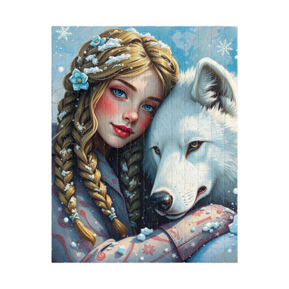 Woman and White Wolf Puzzle Artwork, Winter Theme Animal Lover Gift for Friends Birthday Holiday, Relaxing Activity for Family or Solo Fun, 252 pcs (Vertical) Puzzle The Puzzle Chest
