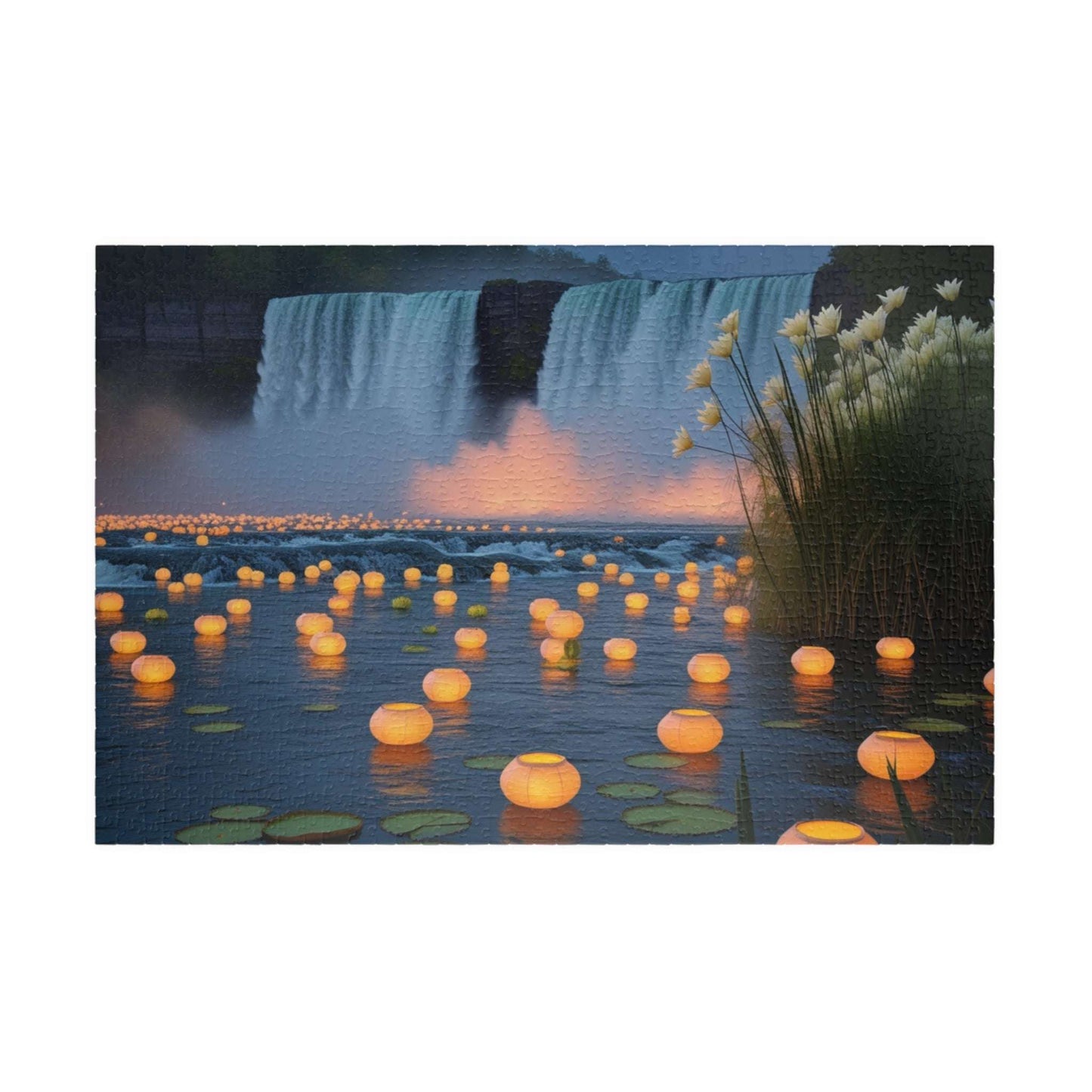 The Mighty Niagara Falls Landmark Jigsaw Puzzle, Nighttime Scene with Floating Lanterns and Lilies, Gift for Nature Lover, Puzzle Enthusiast 1014 pcs (Horizontal) Puzzle The Puzzle Chest