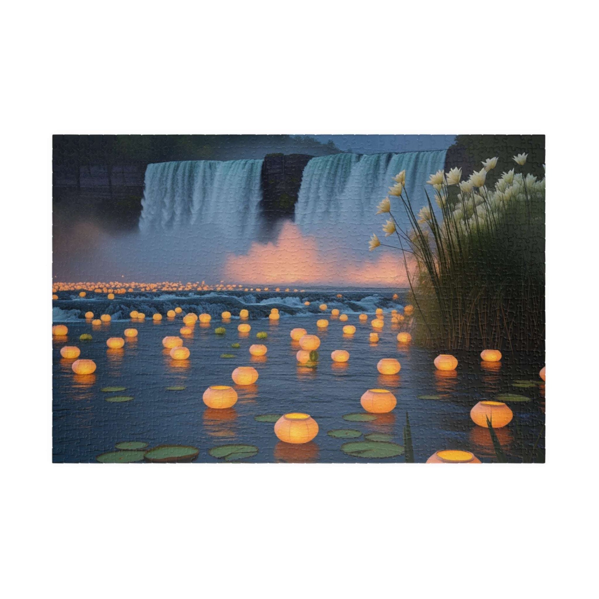 The Mighty Niagara Falls Landmark Jigsaw Puzzle, Nighttime Scene with Floating Lanterns and Lilies, Gift for Nature Lover, Puzzle Enthusiast 1014 pcs (Horizontal) Puzzle The Puzzle Chest