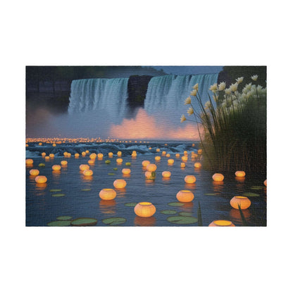 The Mighty Niagara Falls Landmark Jigsaw Puzzle, Nighttime Scene with Floating Lanterns and Lilies, Gift for Nature Lover, Puzzle Enthusiast 1014 pcs (Horizontal) Puzzle The Puzzle Chest