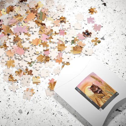 Animal Jigsaw Puzzle Gifted, Cute Mouse in Wheat Field Sunset Art, Animal Lover Brain Teaser Game Family Activity, Relaxing Hobby Enthusiast