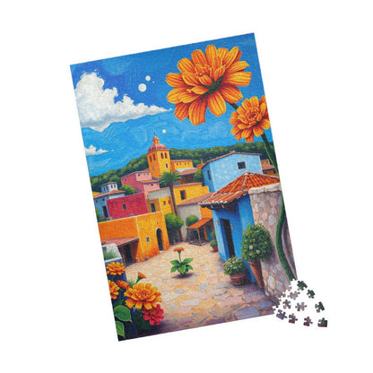 Mexican Village Jigsaw Puzzle, 110 252 520 1014 Pieces, Colorful Houses Milagros Marigolds Blue Sky, Gift for Puzzle Enthusiasts, Mindful Puzzle The Puzzle Chest