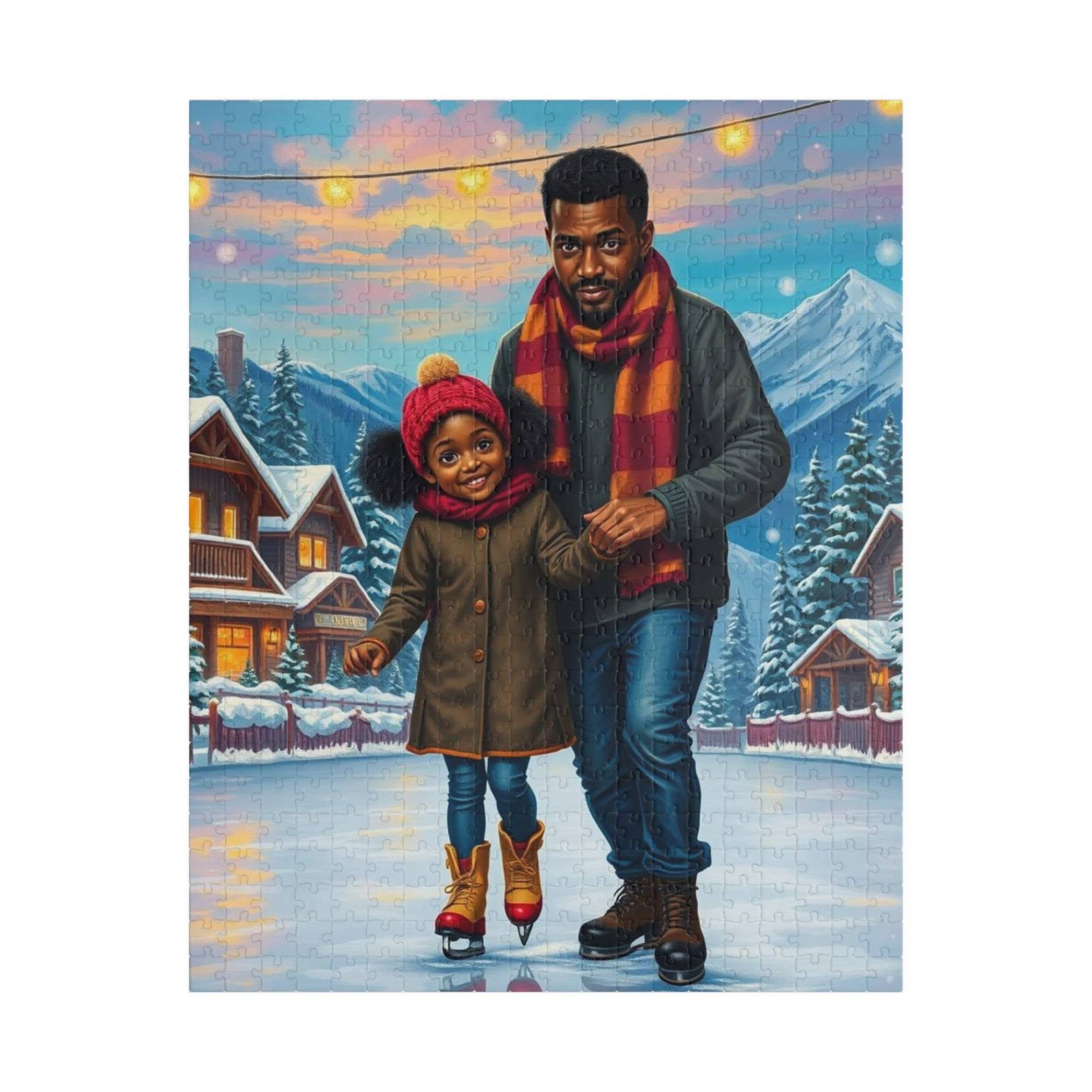 Father and Daughter Ice-skating Trip Jigsaw Puzzle, Afrocentric Artwork, Black Man Art Puzzle The Puzzle Chest