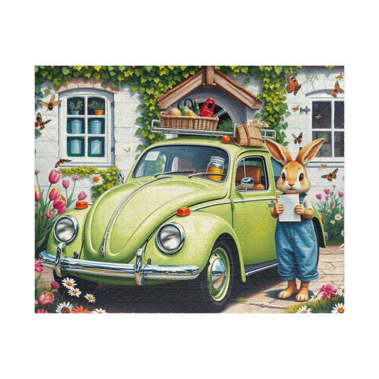 Springtime Garden Delivery Vintage Car Puzzle, Classic Retro Auto Jigsaw Game with Easter Rabbit 520 pcs (Horizontal) Puzzle The Puzzle Chest