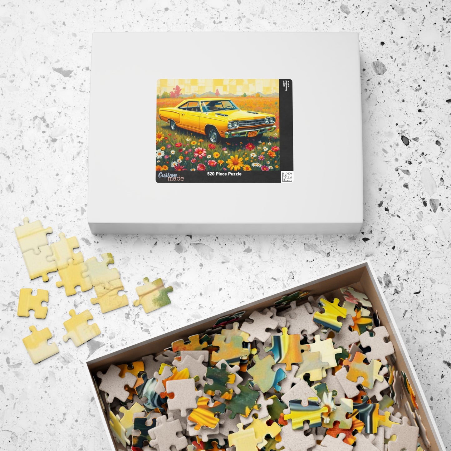 Vintage Car Puzzle Classic Yellow 1969 Plymouth Road Runner, Nostalgic Auto Jigsaw Game for Adults, Gift for Car Lover, Family Game Night