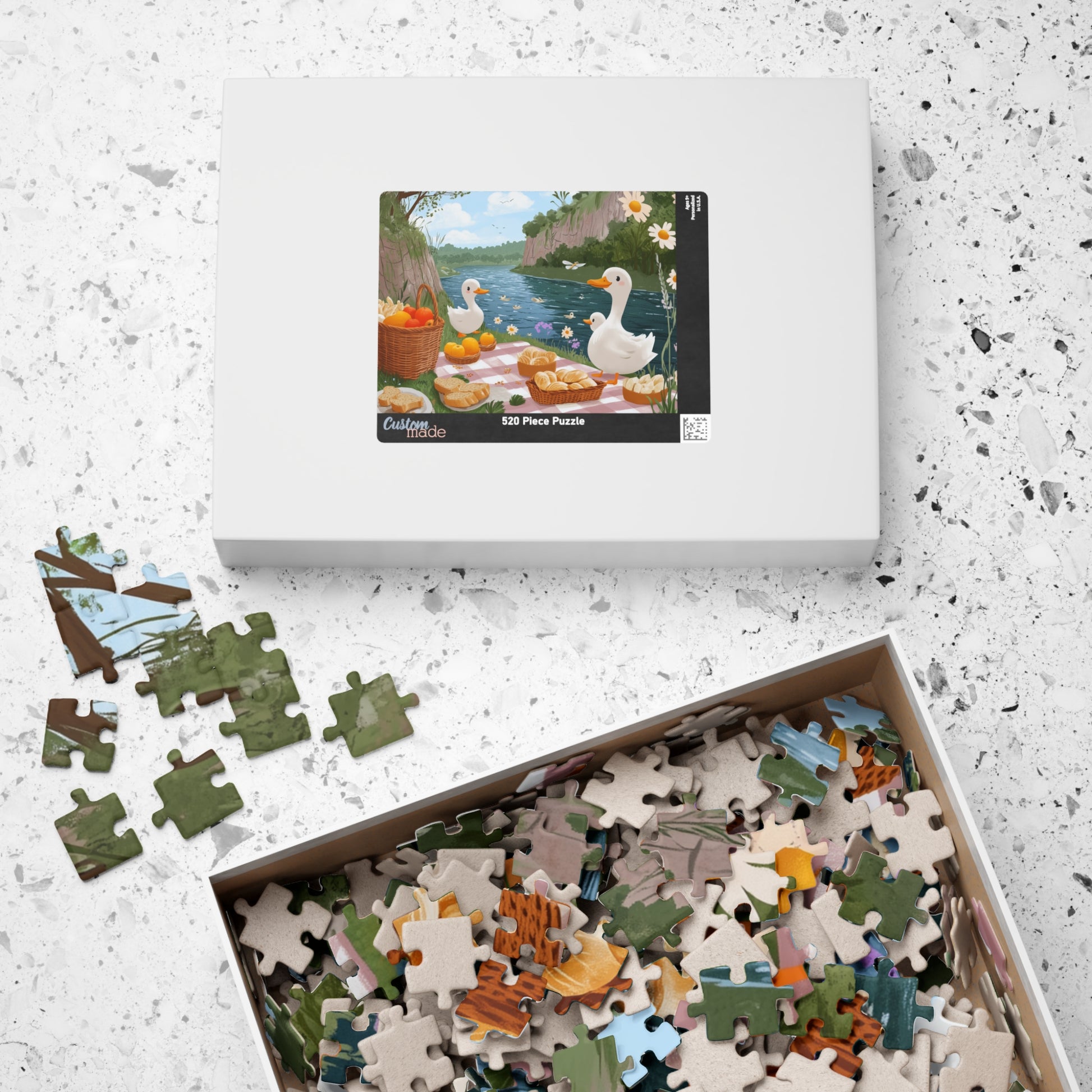 Duck Picnic Jigsaw Puzzle | Scenic Riverbank Farm Animal Illustration Puzzle The Puzzle Chest
