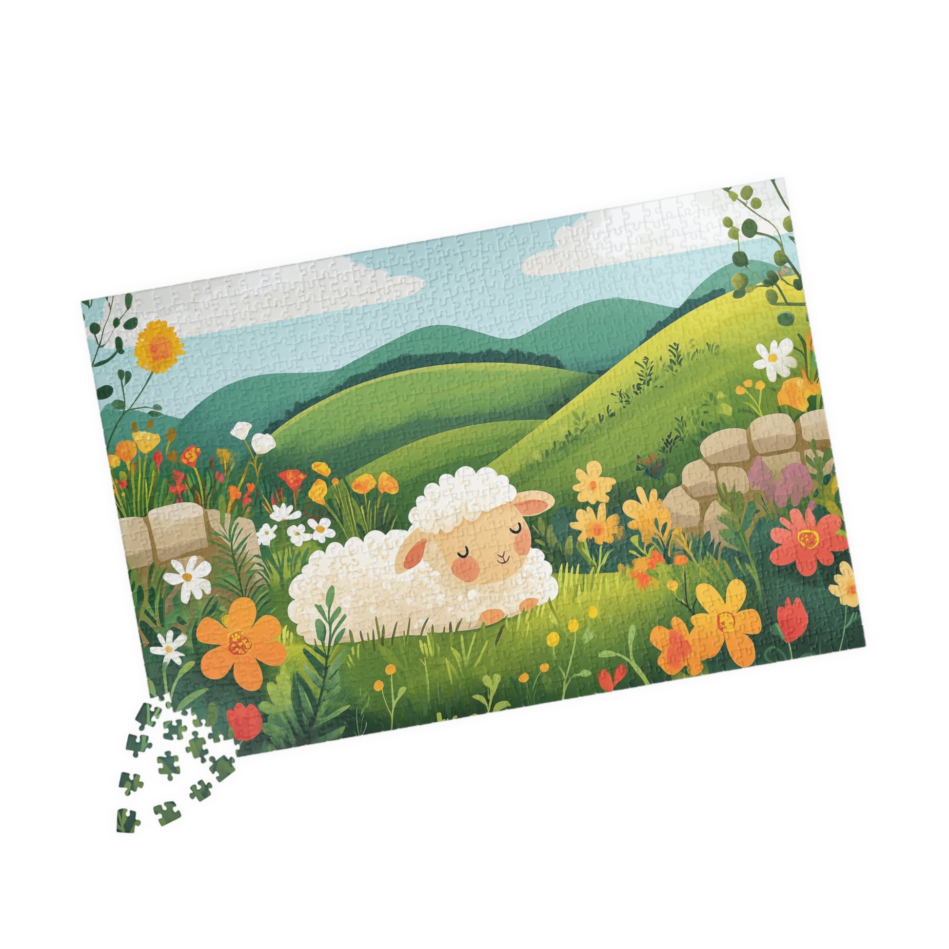 Sleeping Lamb Meadow Puzzle | Cute Sheep Jigsaw Puzzle, Spring Floral Scene 1014 pcs (Horizontal) Puzzle The Puzzle Chest