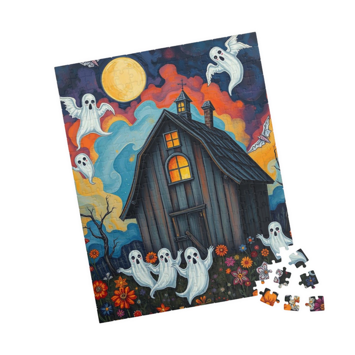 Boo In Bloom Jigsaw Puzzle - Spooky Halloween Haunted House, 110-520 Piece Jigsaw Ghostly Theme, Family Fun Activity, Trick-or-Treat Gift