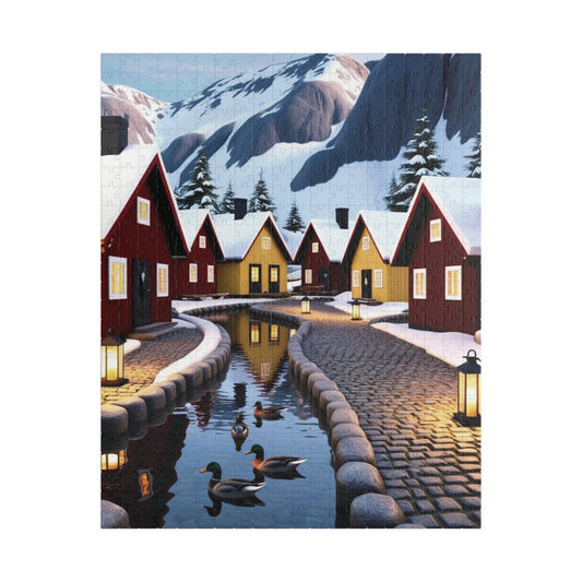 Nordic Village Jigsaw Puzzle - Winter Scene, Snowy Peaks, Red Yellow Cottages, Fun Family Activity, Christmas Holiday 520 pcs (Vertical) The Puzzle Chest