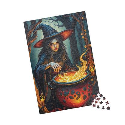 Gothic Forest Witch Puzzle, Bubbling Cauldron Twisted Trees Magical Runes, Eerie Night Scene Adult Jigsaw Game, Halloween, Puzzle Lover Gift Puzzle The Puzzle Chest