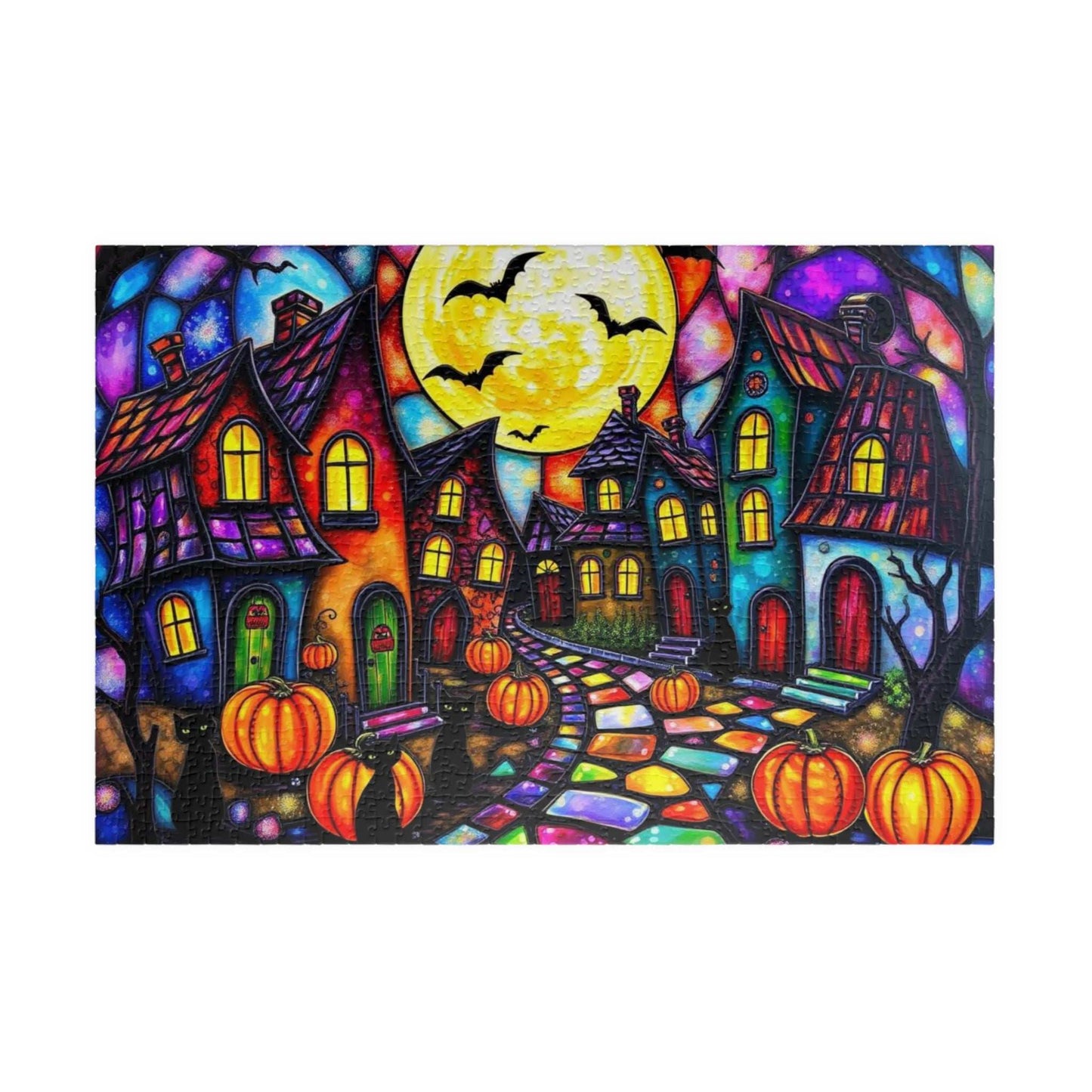 Spooky Night Village Jigsaw Puzzle, Halloween Themed Black Cat Puzzle Stained Glass Style