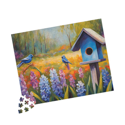 Jigsaw Puzzle, Charming Wooden Birdhouse Surrounded by Blooming Hyacinths and Birds, Mindfulness Activity, Indoor Entertainment, Family Puzzle The Puzzle Chest