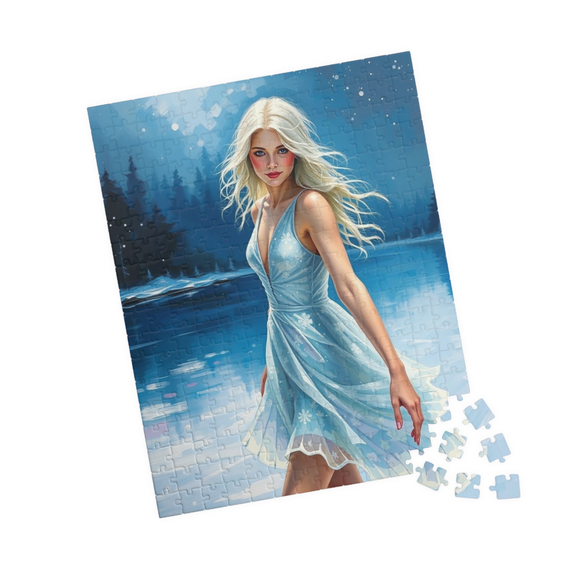 Puzzle - Ice Skating Woman on Frozen Lake, 110, 252, 520, 1014-piece Jigsaw, Sparkling Silver Skating Dress, Winter Activity, Relaxing Puzzle The Puzzle Chest