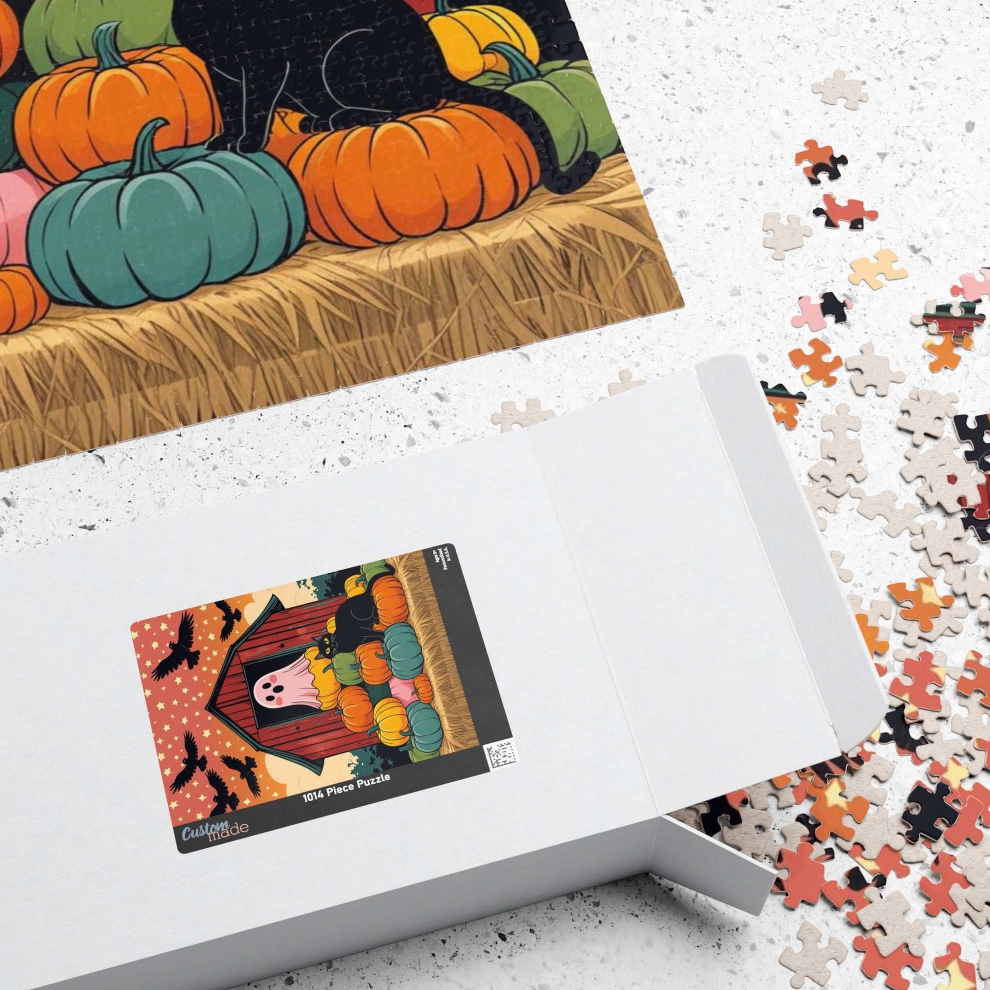 Haunted Barn Halloween Jigsaw Puzzle - Ghost, Cat and Pumpkin Barnyard Scene