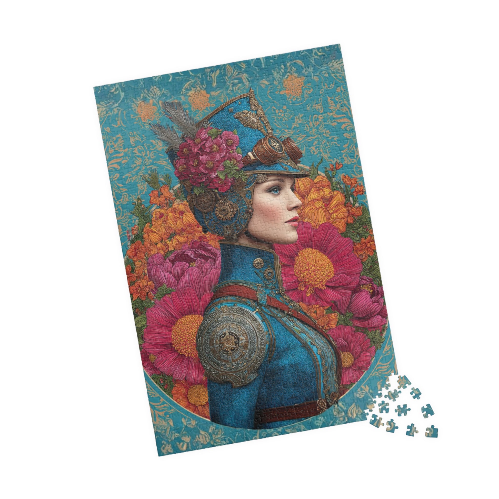 Colorful Female Portrait with Floral and Gear Elements - Unique Steampunk Art Jigsaw Puzzle 1014 pcs (Vertical) Puzzle The Puzzle Chest