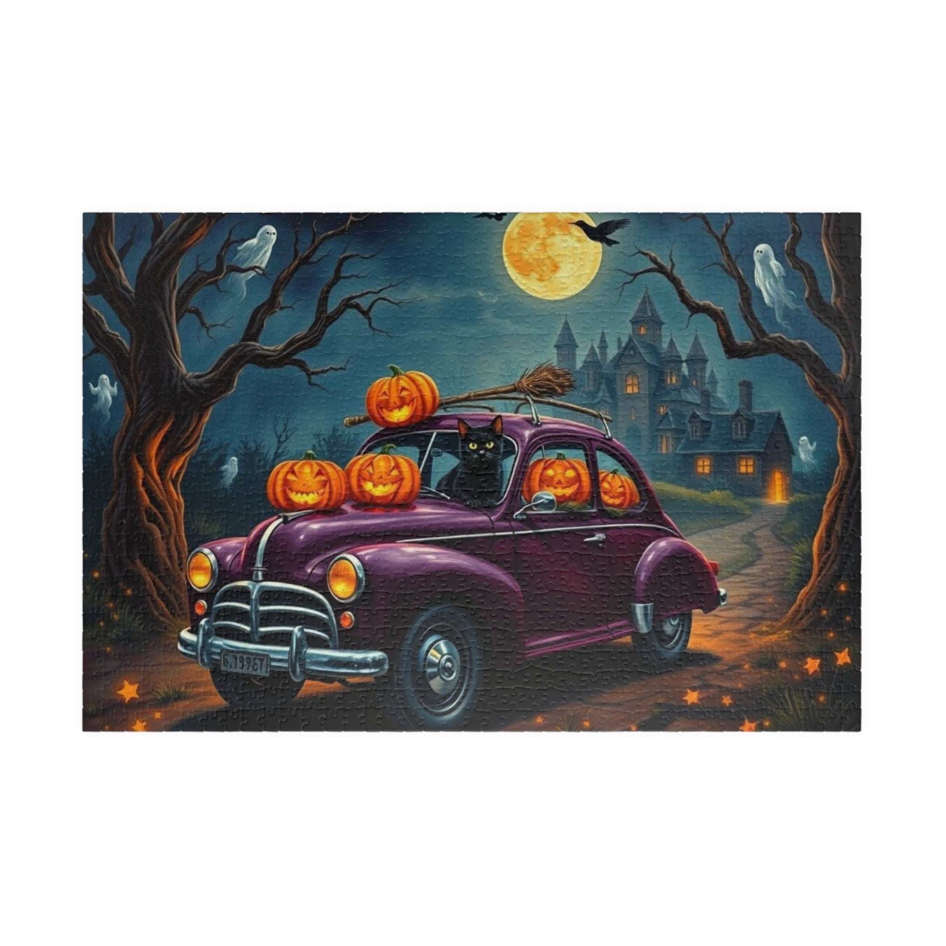 Halloween-Themed Vintage Car Jigsaw Puzzle with Cats, Ghosts and Pumpkins