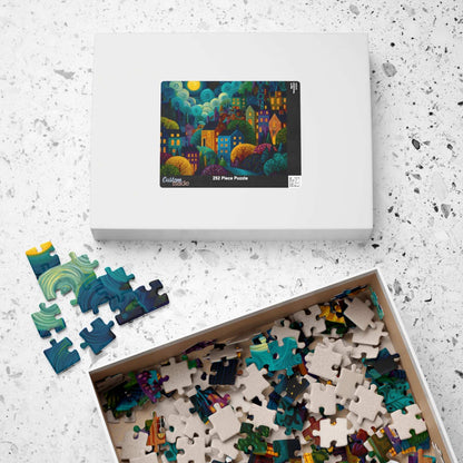 Whimsical Nighttime Village Puzzle - Fairytale Landscape with Colorful Houses, Glowing Windows, and Moonlit Sky Puzzle The Puzzle Chest