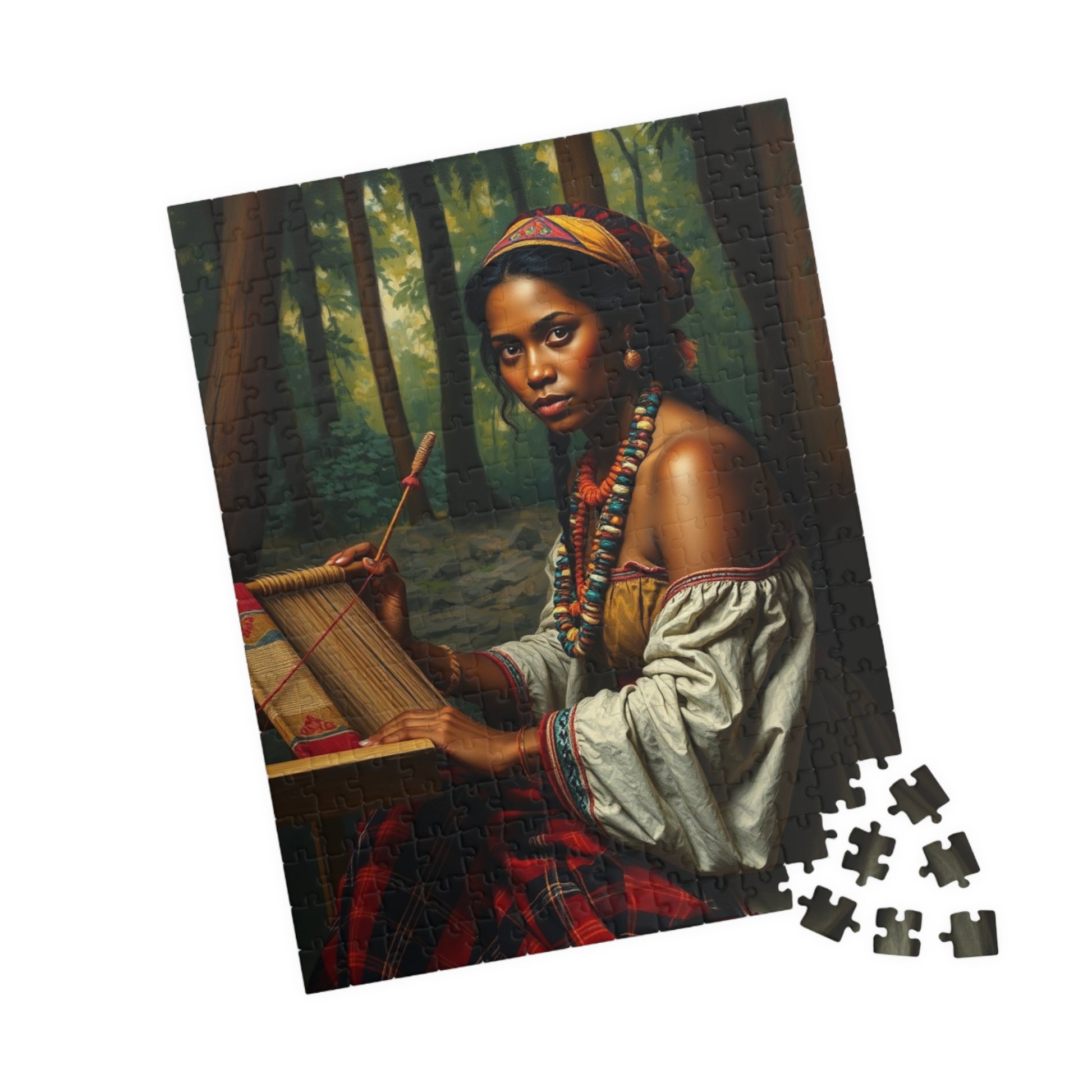 Puzzle of Indigenous Woman Weaving on a Loom in Nature, Cultural Ethnic Art Forest Scene, Family Friendly Jigsaw Game, Puzzle Lover Gift Puzzle The Puzzle Chest
