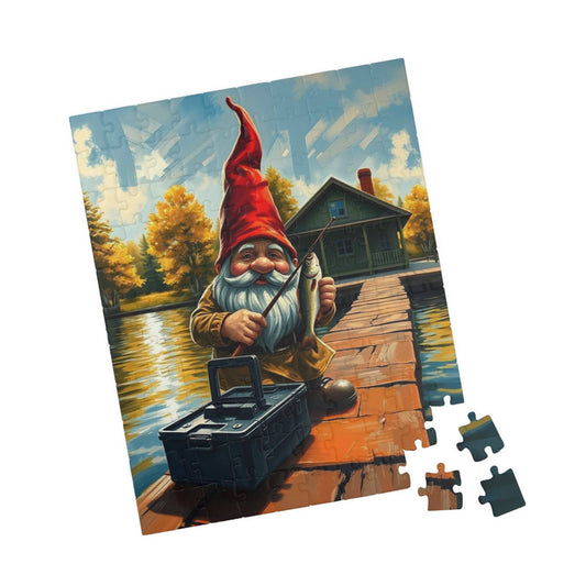 Cottagecore Gnome Fishing Peacefully – Rustic Lake Dock Vintage Jigsaw Puzzle 110 pcs (Vertical) Puzzle The Puzzle Chest