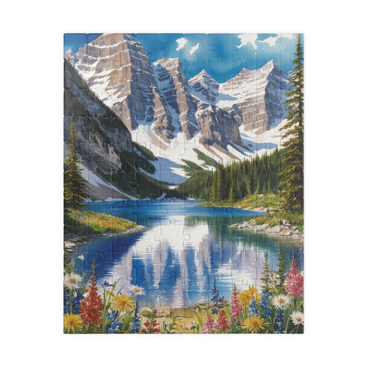 Serene Mountain Lake Landscape Puzzle, Snowy Peaks Wildflowers Art Jigsaw, Nature Lovers Gift, Fun Family Game Night Activity, Leisure Hobby 110 pcs (Vertical) Puzzle The Puzzle Chest