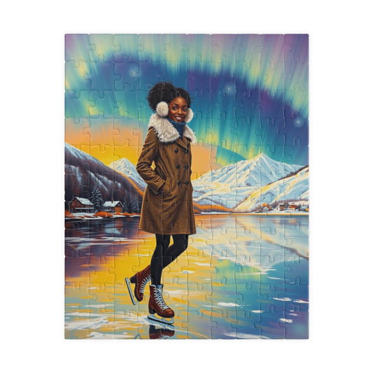 Aurora Borealis Puzzle - Black Woman Portrait, Cozy Afrocentric Winter Vibes, Ice Skating Scene, Family Fun, Gift for Puzzle Lover, Holidays