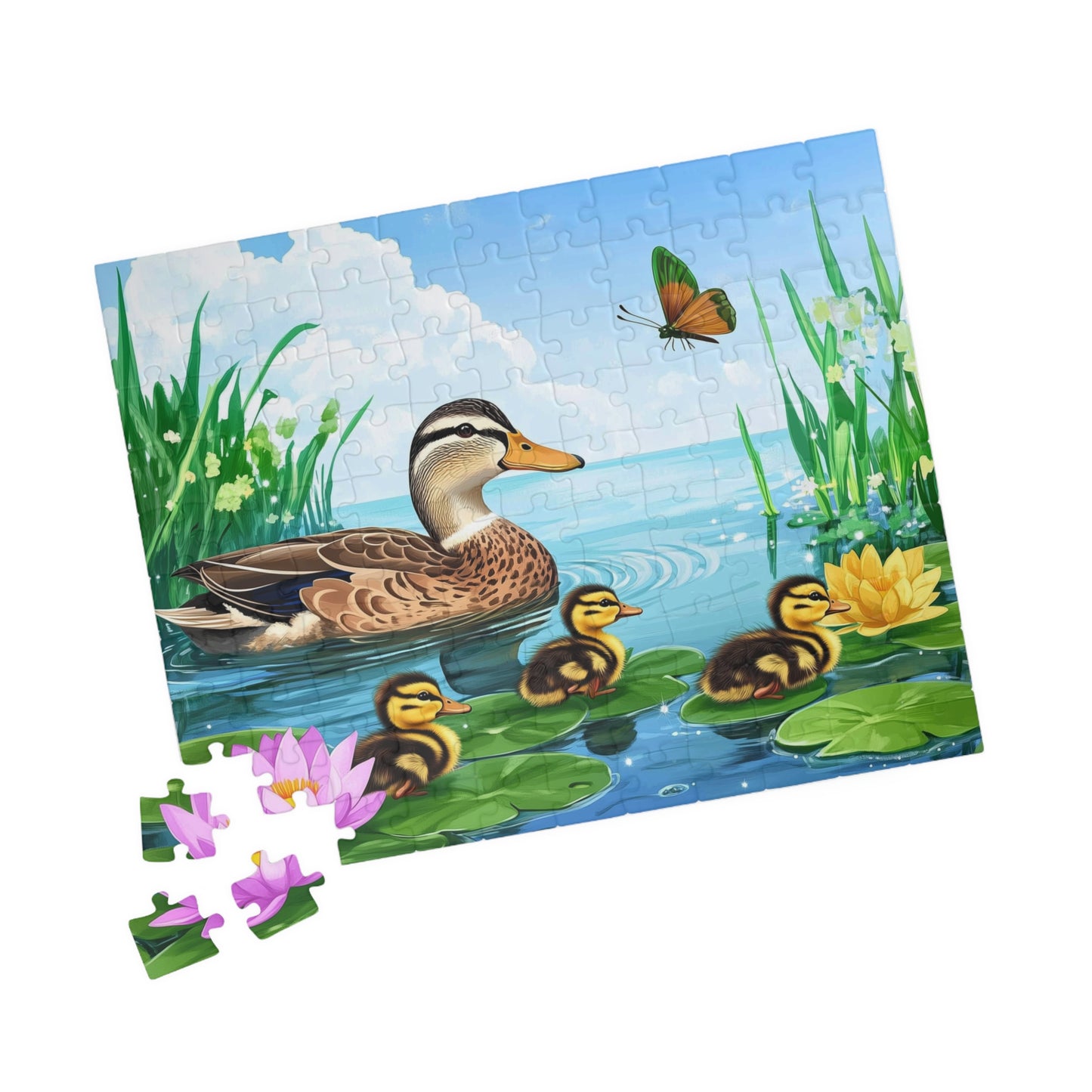 Mother Duck and Ducklings Puzzle | Scenic Pond Animal Jigsaw Game 110 pcs (Horizontal) Puzzle The Puzzle Chest