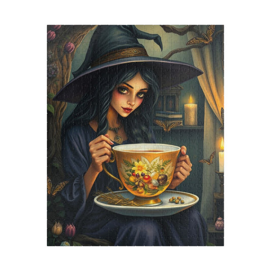 Witch's Teatime Jigsaw Puzzle, Spooky Fun for Halloween, Family Game Night, Cozy Nights, Unique Holiday Birthday Gift for Puzzle Lover