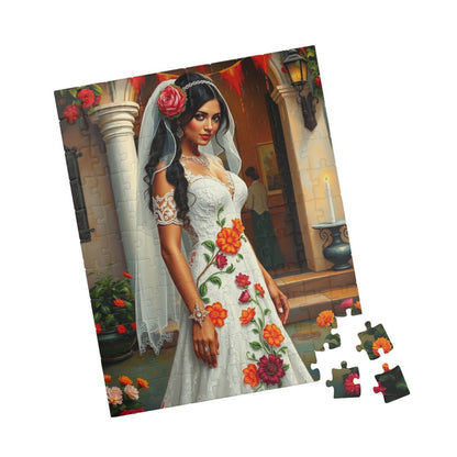 Puzzle - Mexican Bride in Lace Gown, Otomi Flowers Hacienda Candles, 110-1014 Piece Jigsaw, Wedding Dress Design, Cultural Artwork Folklore Puzzle The Puzzle Chest