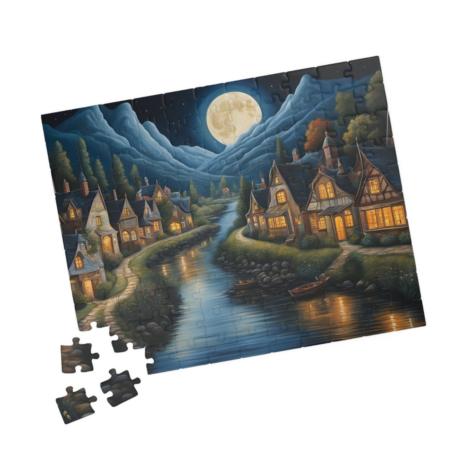 Nordic Night Village Puzzle, Serene Moonlit River Landscape, Cozy Scandinavian River Town Jigsaw Game, Mindfulness Gift for Puzzle Lover The Puzzle Chest