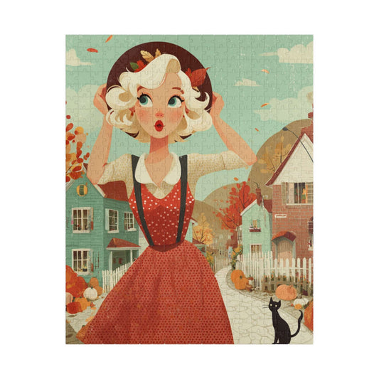 1950s Autumn Cowgirl Jigsaw Puzzle - Retro Neighborhood, Cartoon-Style Illustration for Vintage Fall Decor, Family Activity, Gifts Puzzle The Puzzle Chest