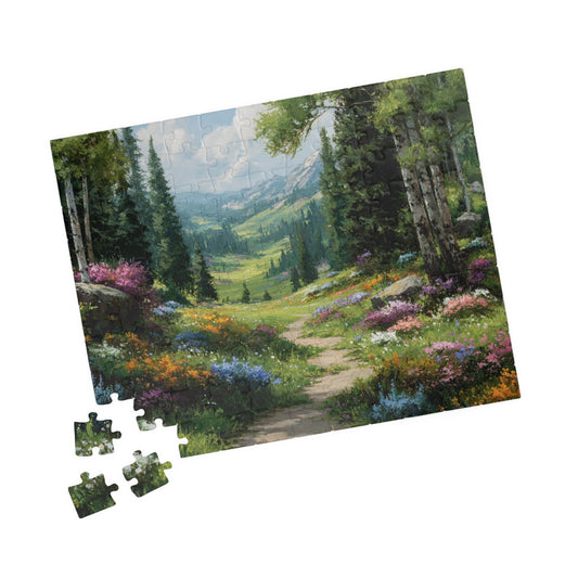 Spring Forest Path Jigsaw Puzzle – Sunlit Wildflower Meadow, Nature Inspired Floral Landscape 110 pcs (Horizontal) Puzzle The Puzzle Chest