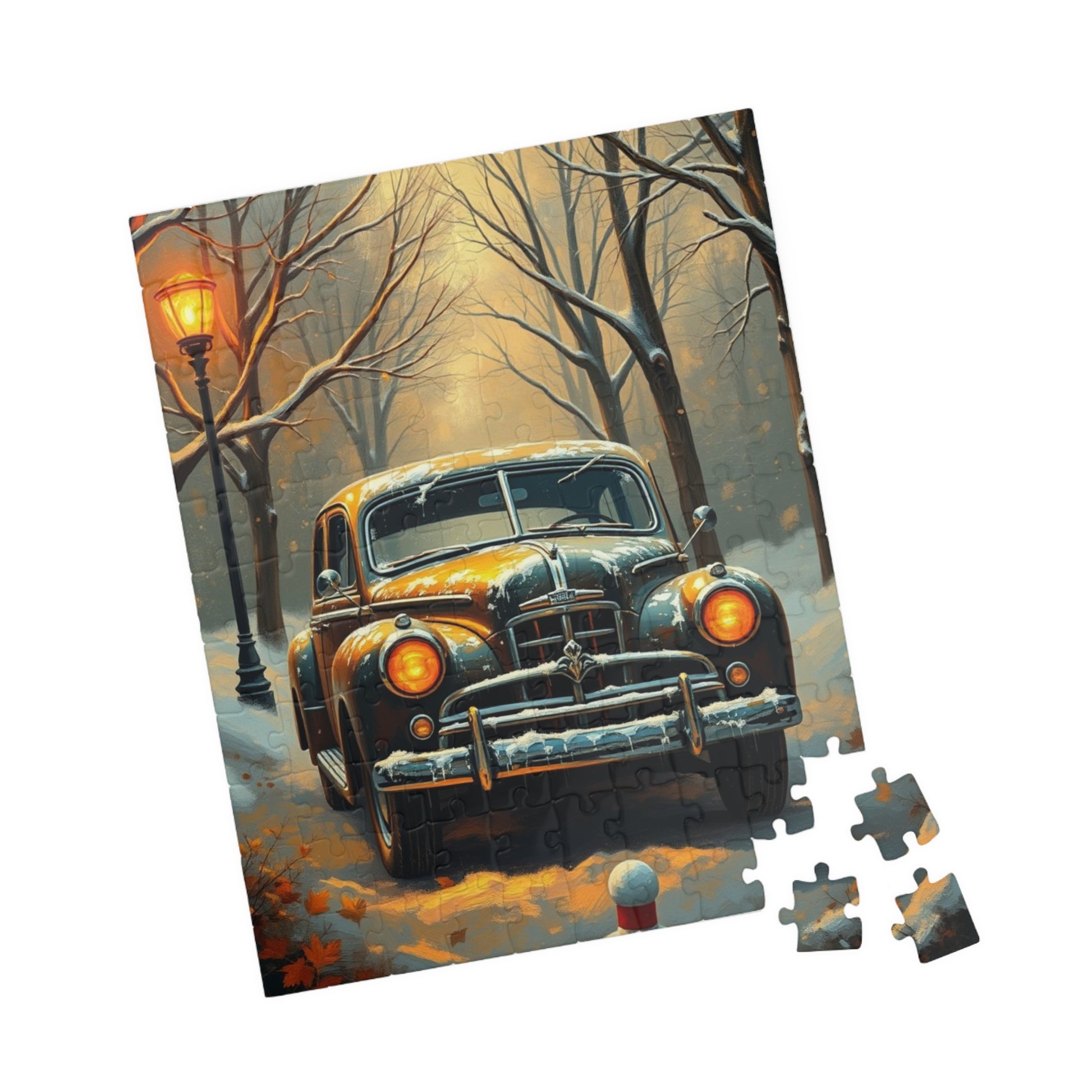 Vintage Car Jigsaw Puzzle Winter Scene, 110 252 520 1014-piece, Christmas Gift, Holiday Activity, Snowy Day Activity, Car Lover Gift, Retro Puzzle The Puzzle Chest