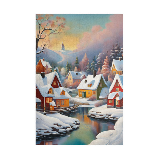 Winter Scandinavian Village Landscape Puzzle, Multicolored Houses, River Flowing, Snowy Rooftops, Whimsical Jigsaw for Home Entertainment 1014 pcs (Vertical) The Puzzle Chest